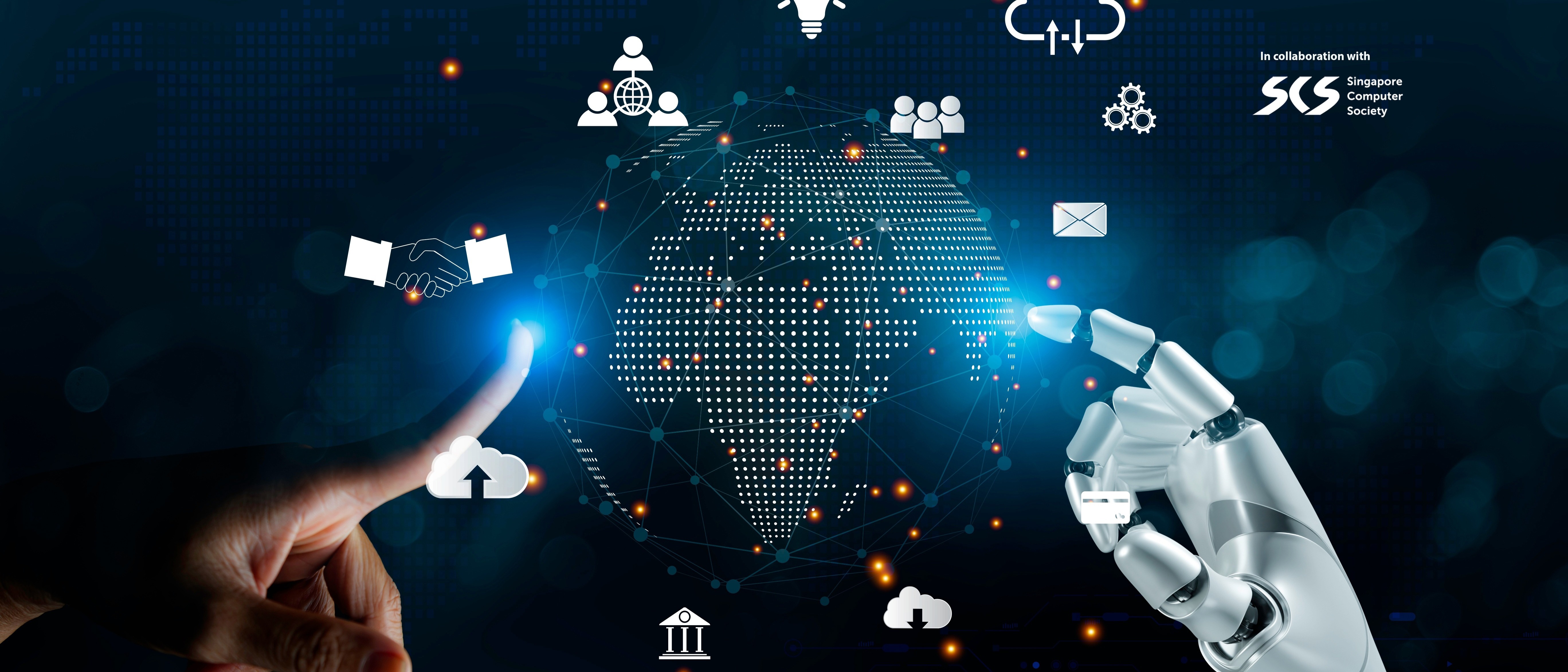 Abstract tech-themed banner with icons of people, a globe, a light bulb, a cloud, and gears on a dark digital world map background.